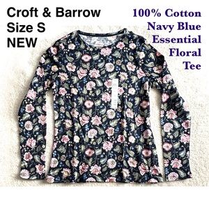 Navy Floral Long Sleeve Top Classic Crewneck Essential Tee